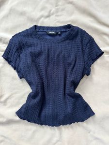 Textured Navy Blue Short Sleeve Top