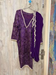 Vibrant Purple Bandhani Kurta Set with dupatta
