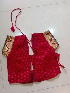 Blue &amp; Red Embroidered Silk Saree