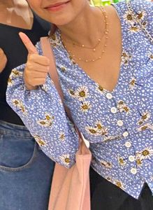 Blue Floral Button-Up Blouse