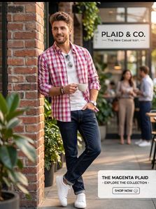 Men's Pink Plaid Casual Shirt