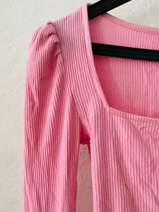 Pink Ribbed Square Neck Puff Sleeve Top
