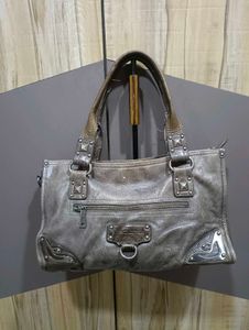Stylish Grey Leather Handbag with Studs