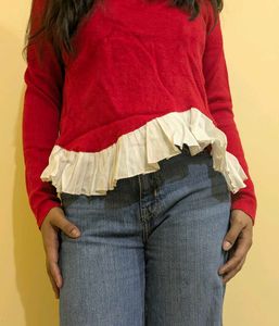 Red Ruffle Hem Sweater