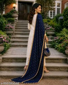 Embroidered White Kurta with Blue Dupatta Set