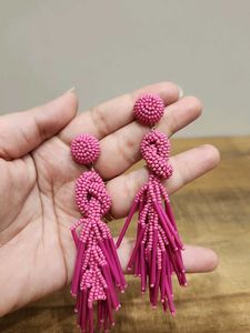 Pink Beaded Tassel Statement Earrings