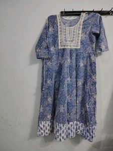 Blue Printed anarkali cotton frock kurta