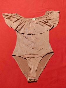 Tan Off-Shoulder Ruffle Bodysuit