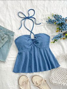 Blue Halter Neck Schiffli Top