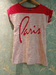 "Paris" Printed Pink & Off White T-shirt, Size - S