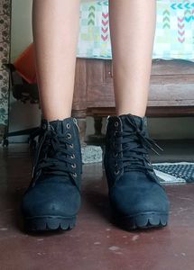 Chunky Black Lace-Up Heeled Boots