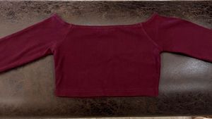 Maroon Off-Shoulder Long Sleeve Crop Top