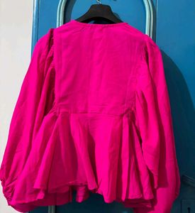 Vibrant Pink Balloon Sleeve Peplum Top