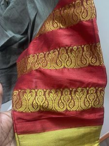 Elegant Grey Blouse with Red &amp; Gold Sleeves