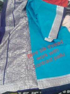 Beautiful Blue Saree with Silver thread Work
