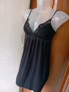Elegant Black Lace Trim Nightgown