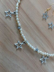 Pearl &amp; Star Charm Necklace &amp; Earrings Set