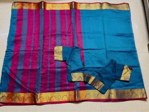 Beautiful Teal and Pink Striped Saree