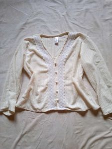 Cream Lace Detail V-Neck Blouse