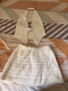 White Waffle Knit Crop Top & Skirt Set