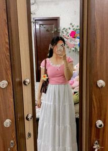 Cute Pink Lace Trim Puff Sleeve Top