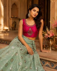 navratri green pink crop top skirt Set