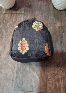 Embroidered Black Pouch with Neon Zipper