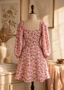 Floral Print Puff Sleeve Sweetheart Neck Dress