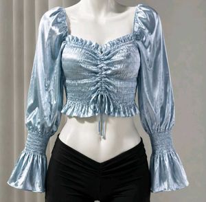 Satin Ruched Bell Sleeve Crop Top