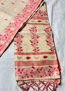 Pure Tassar Beige & Red Jamdani Saree