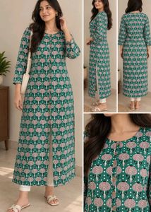 Green Printed Front Button Cotton Kurta