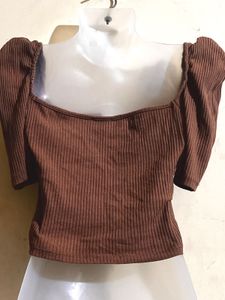 Brown Ribbed Puff Sleeve Top