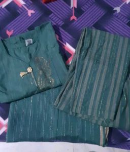 Green Cotton Kurta Set with Trouser & Dupatta