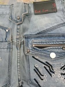 Light Wash Patchwork Jeans with Zippers