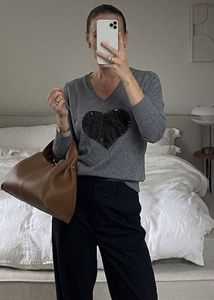 Grey Y2K Sequin V-Neck Sweatshirt Top