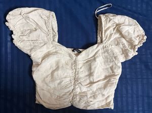 Cream Ruched Puff Sleeve Crop Top