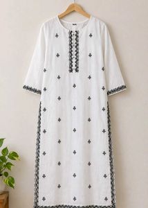 White Cotton Kurta with Black Embroidery