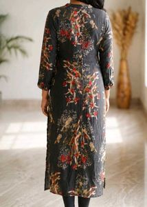 Black Floral Print Front-Button Long Kurta / Maxi