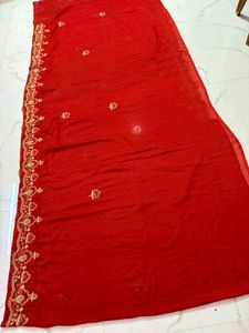 cut work  Red Embroidered Saree