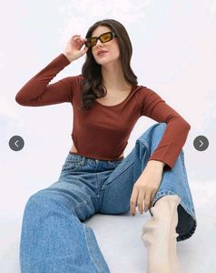 Rust Brown Ribbed Long-Sleeve Fitted Top