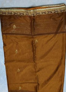 Elegant Brown Striped Saree with Gold Embroidery
