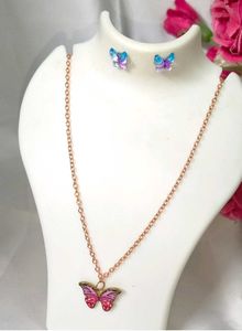 Delicate Rose Gold Chain Metal Pink Necklace &amp; Eye