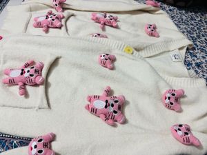 Cute Cream Cardigan with Pink Tiger Appliques