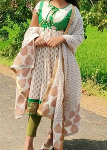 Elegant White & Green Anarkali Suit