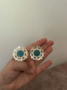 Stunning Teal Stud Earrings with Mirror Work