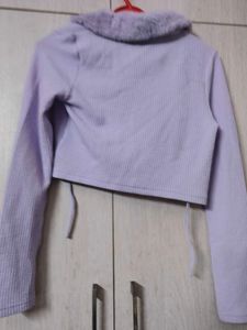H&amp;M Lavender Cropped Knit Cardigan with Fur Trim