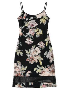 Vintage Black Floral Slip Dress with Mesh Trim