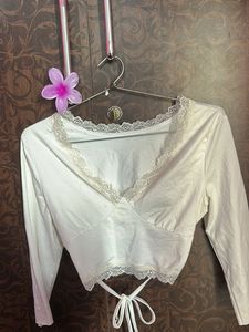 White Lace Trim Cropped Wrap Top