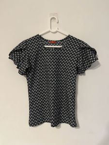 Black & White Patterned Flutter Sleeve Top