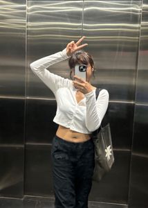 SSS Front button full sleeve white crop top
